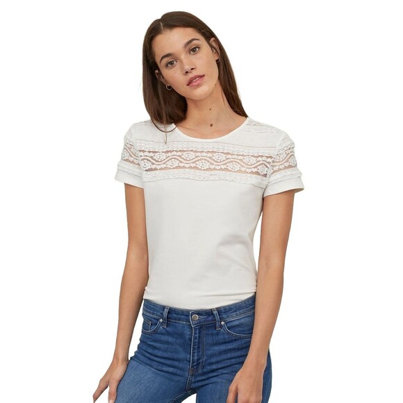 H&M Tops - H&M Womens Yoke Lace Ruffle Top Ivory Jersey Short Sleeve Crew Neck Size S
